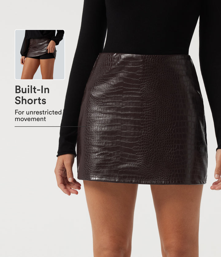 High Waisted 2-in-1 Snakeskin Print Stretchy PU Fleece Mini Casual Skirt — Cooked Fudge — view 1