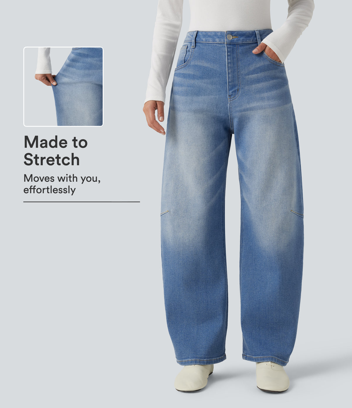 Mid Rise Barrel Leg Casual Jeans with Pockets — Malibu Blue Denim — view 1