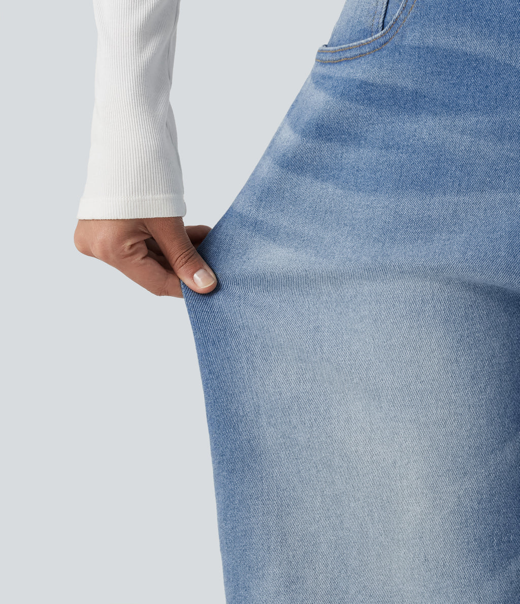 Mid Rise Barrel Leg Casual Jeans with Pockets — Malibu Blue Denim — view 5