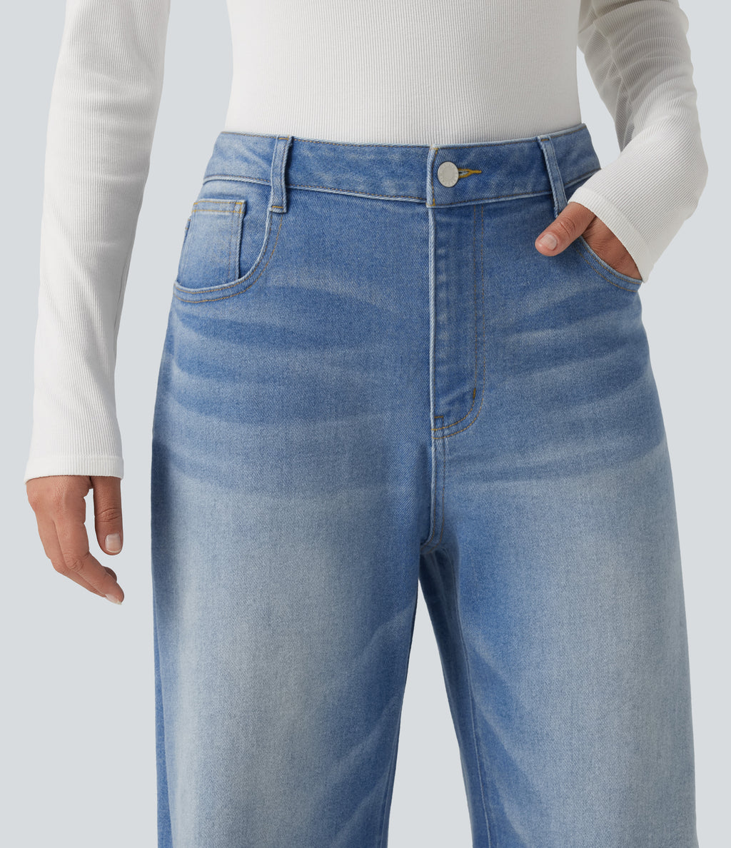 Mid Rise Barrel Leg Casual Jeans with Pockets — Malibu Blue Denim — view 6