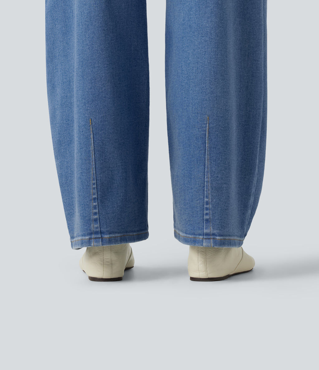 Mid Rise Barrel Leg Casual Jeans with Pockets — Malibu Blue Denim — view 8