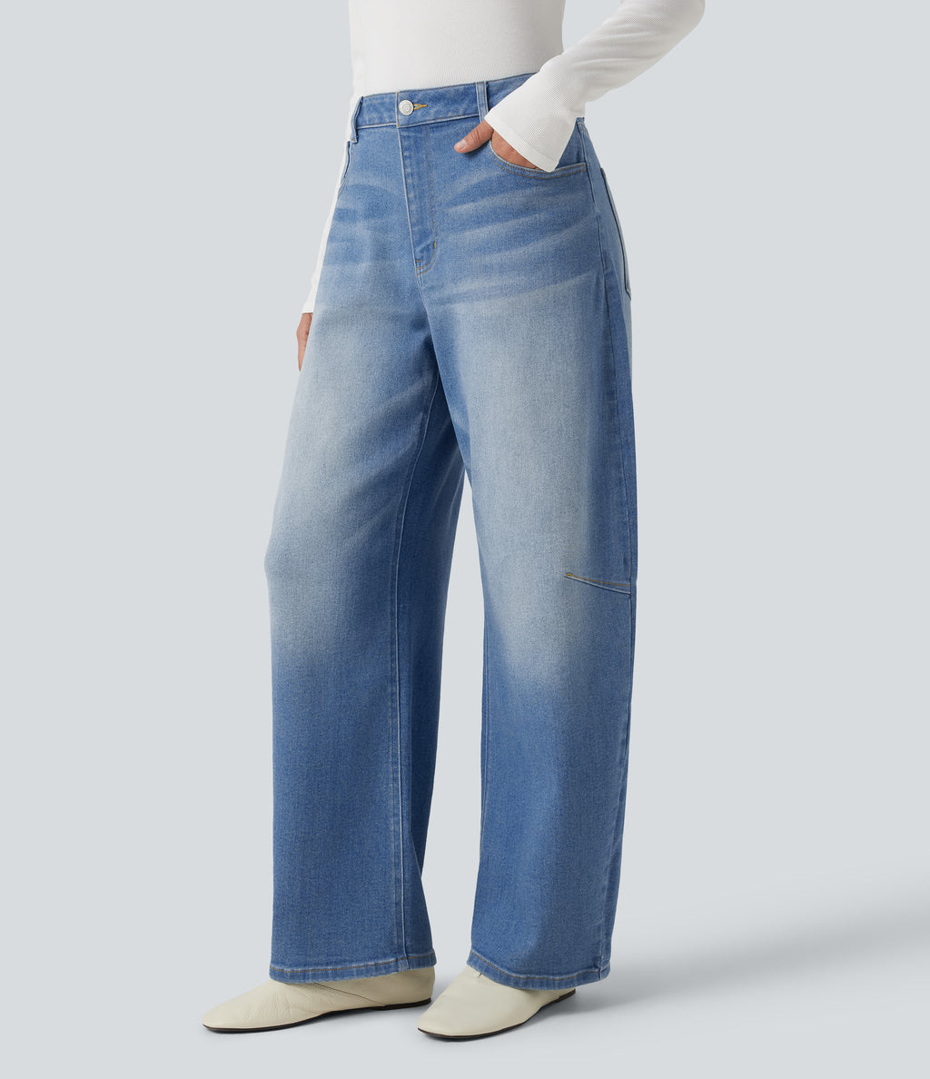 Mid Rise Barrel Leg Casual Jeans with Pockets — Malibu Blue Denim — view 3