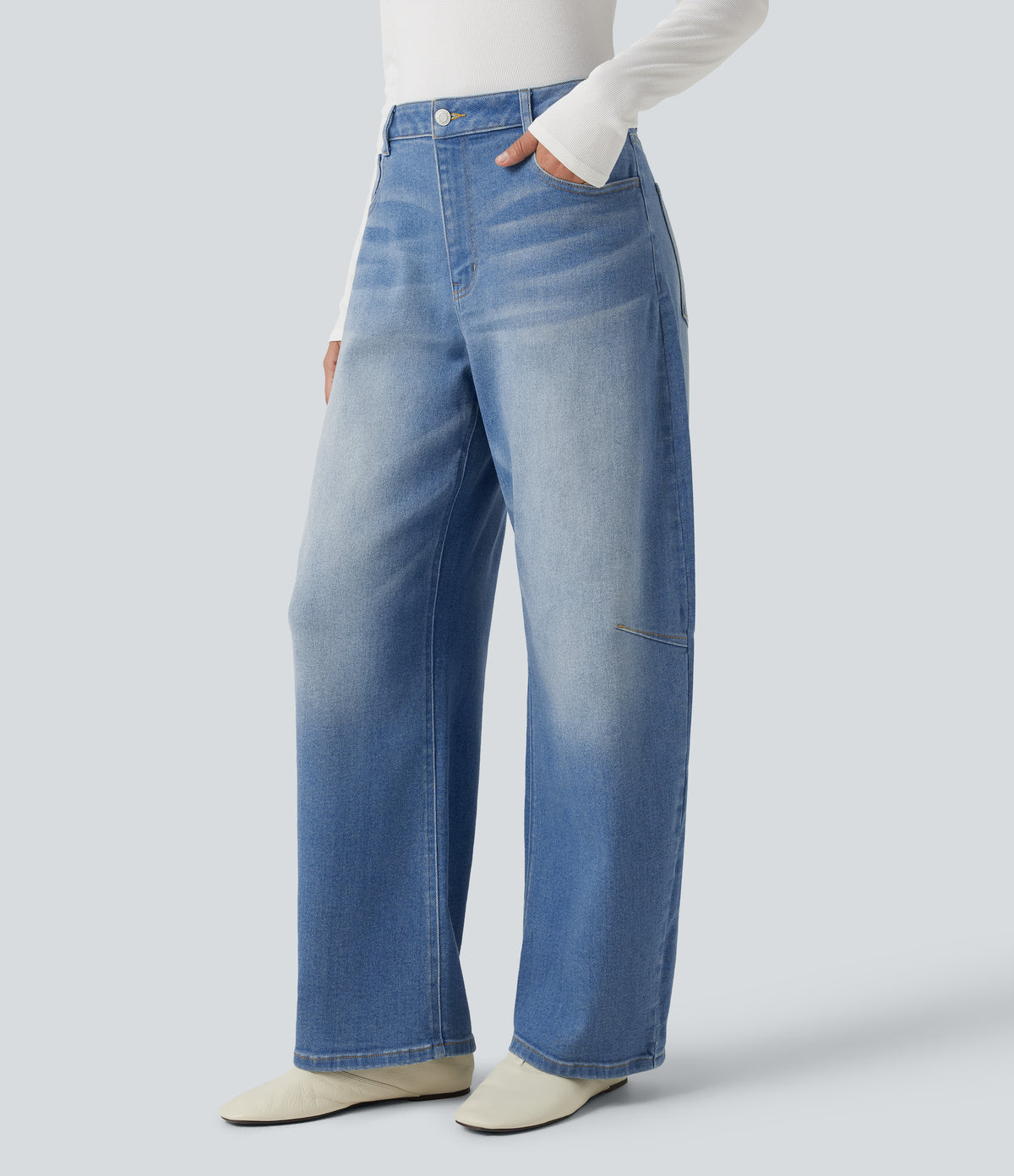 Mid Rise Barrel Leg Casual Jeans with Pockets — Malibu Blue Denim — view 3