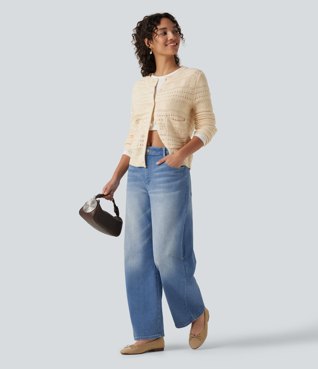 Mid Rise Barrel Leg Casual Jeans with Pockets — Malibu Blue Denim — view 4