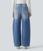 Mid Rise Barrel Leg Casual Jeans with Pockets — Malibu Blue Denim — view 2