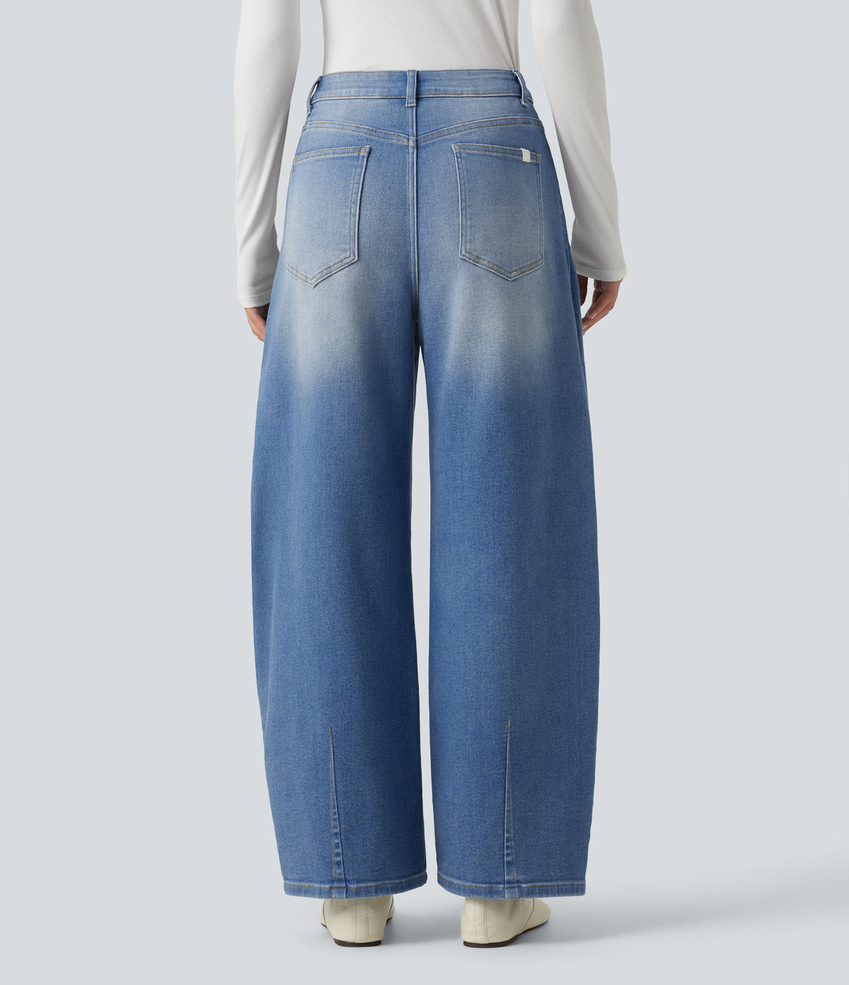 Mid Rise Barrel Leg Casual Jeans with Pockets — Malibu Blue Denim — view 2