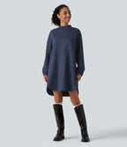 Mock Neck Drawstring Long Sleeve Mini Casual Dress with Pockets — Always in a Mood - Dark Blue — view 5