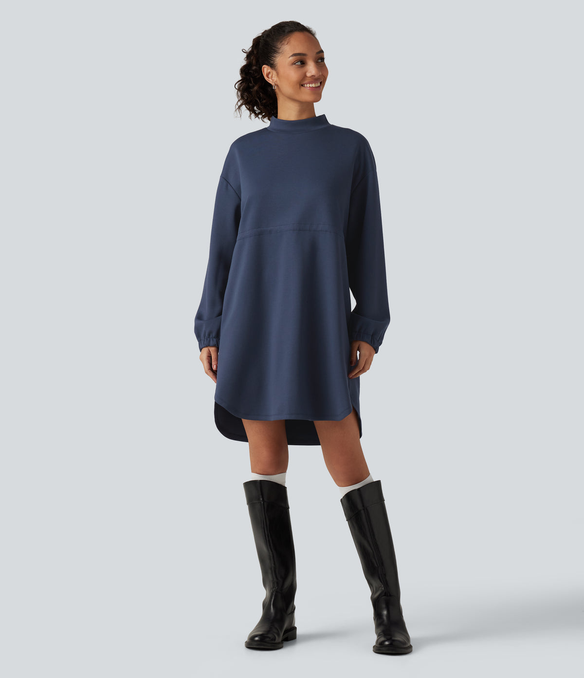 Mock Neck Drawstring Long Sleeve Mini Casual Dress with Pockets — Always in a Mood - Dark Blue — view 5