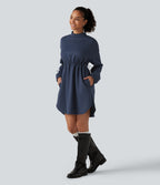 Mock Neck Drawstring Long Sleeve Mini Casual Dress with Pockets — Always in a Mood - Dark Blue — view 3