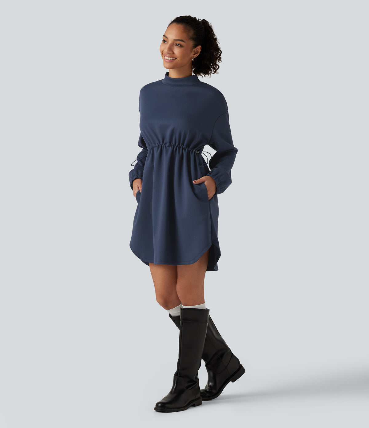 Mock Neck Drawstring Long Sleeve Mini Casual Dress with Pockets — Always in a Mood - Dark Blue — view 3