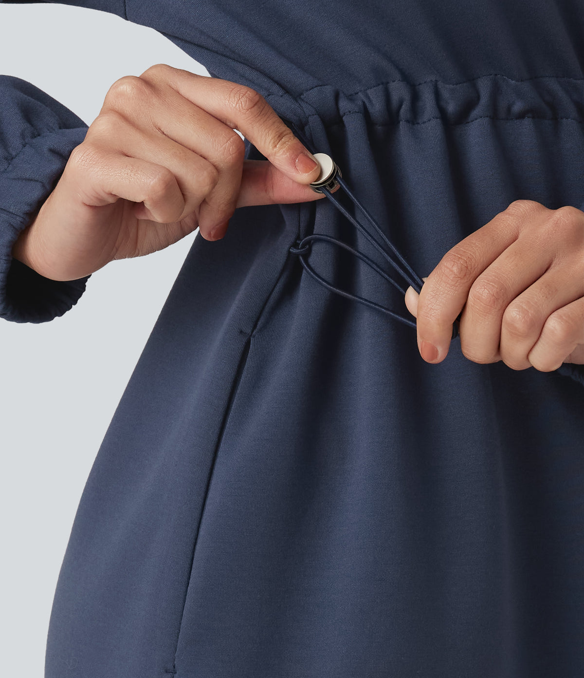 Mock Neck Drawstring Long Sleeve Mini Casual Dress with Pockets — Always in a Mood - Dark Blue — view 6