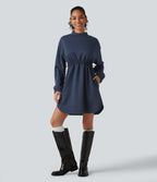 Mock Neck Drawstring Long Sleeve Mini Casual Dress with Pockets — Always in a Mood - Dark Blue — view 4