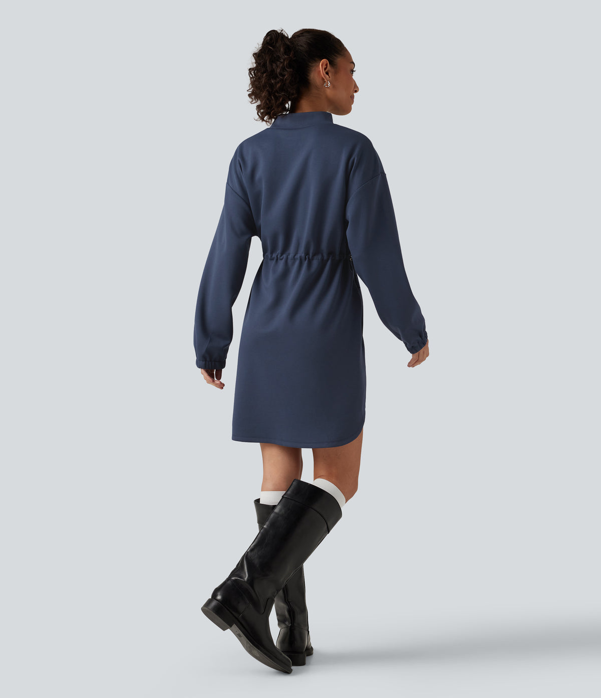 Mock Neck Drawstring Long Sleeve Mini Casual Dress with Pockets — Always in a Mood - Dark Blue — view 2