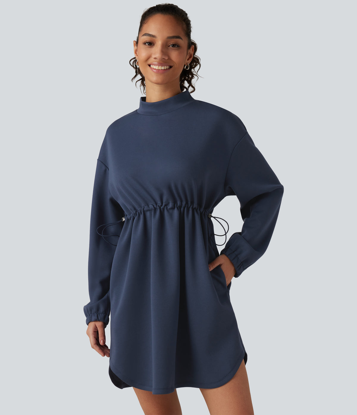 Mock Neck Drawstring Long Sleeve Mini Casual Dress with Pockets — Always in a Mood - Dark Blue — view 1