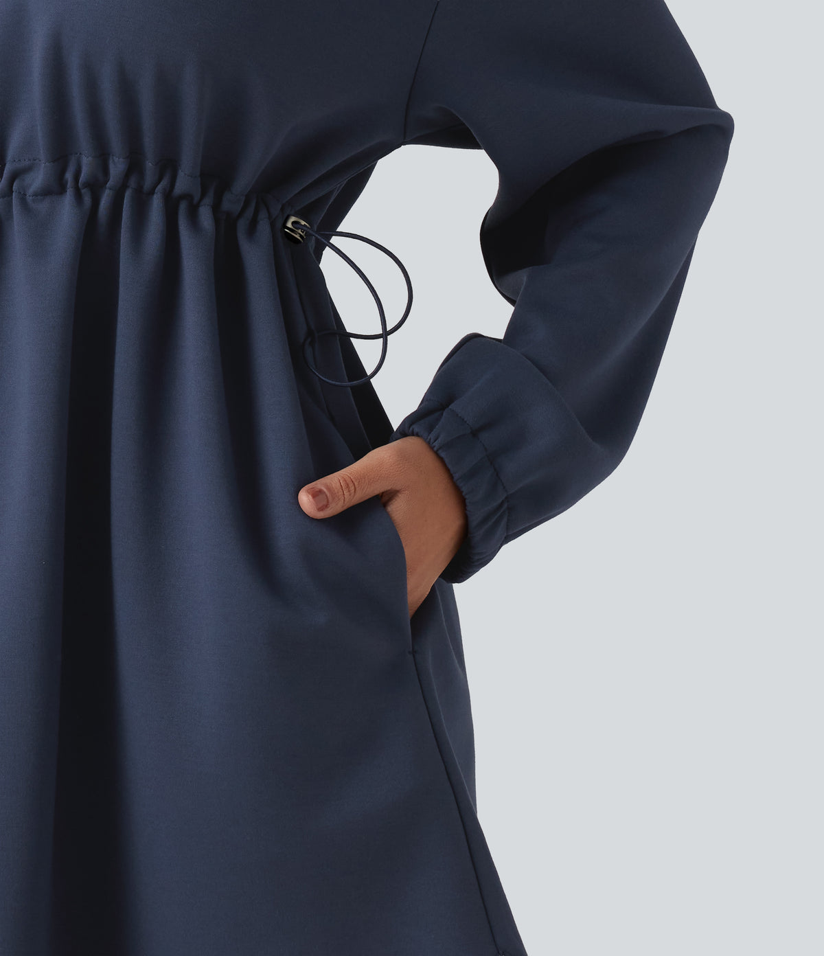 Mock Neck Drawstring Long Sleeve Mini Casual Dress with Pockets — Always in a Mood - Dark Blue — view 7