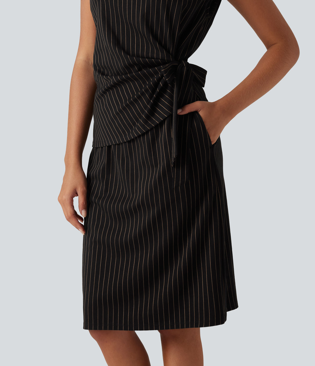 Boat Neck Sleeveless Tie Side Stripe Midi Work Dress with Pockets — Black Brown Black Pinstripe — view 5