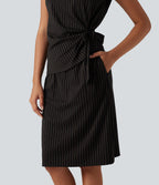 Boat Neck Sleeveless Tie Side Stripe Midi Work Dress with Pockets — Black Brown Black Pinstripe — view 5