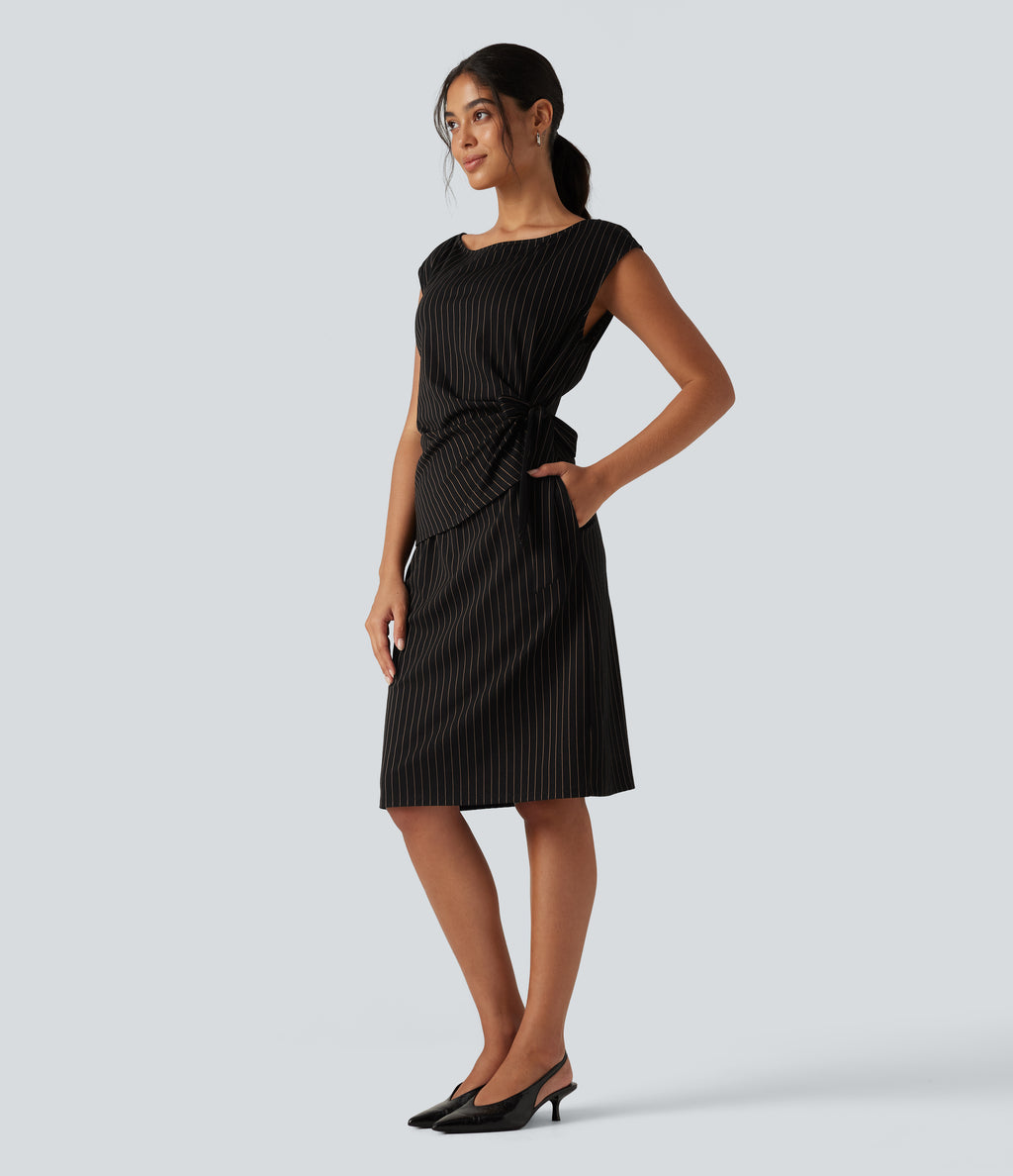 Boat Neck Sleeveless Tie Side Stripe Midi Work Dress with Pockets — Black Brown Black Pinstripe — view 3