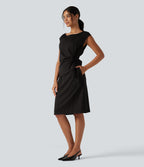 Boat Neck Sleeveless Tie Side Stripe Midi Work Dress with Pockets — Black Brown Black Pinstripe — view 3
