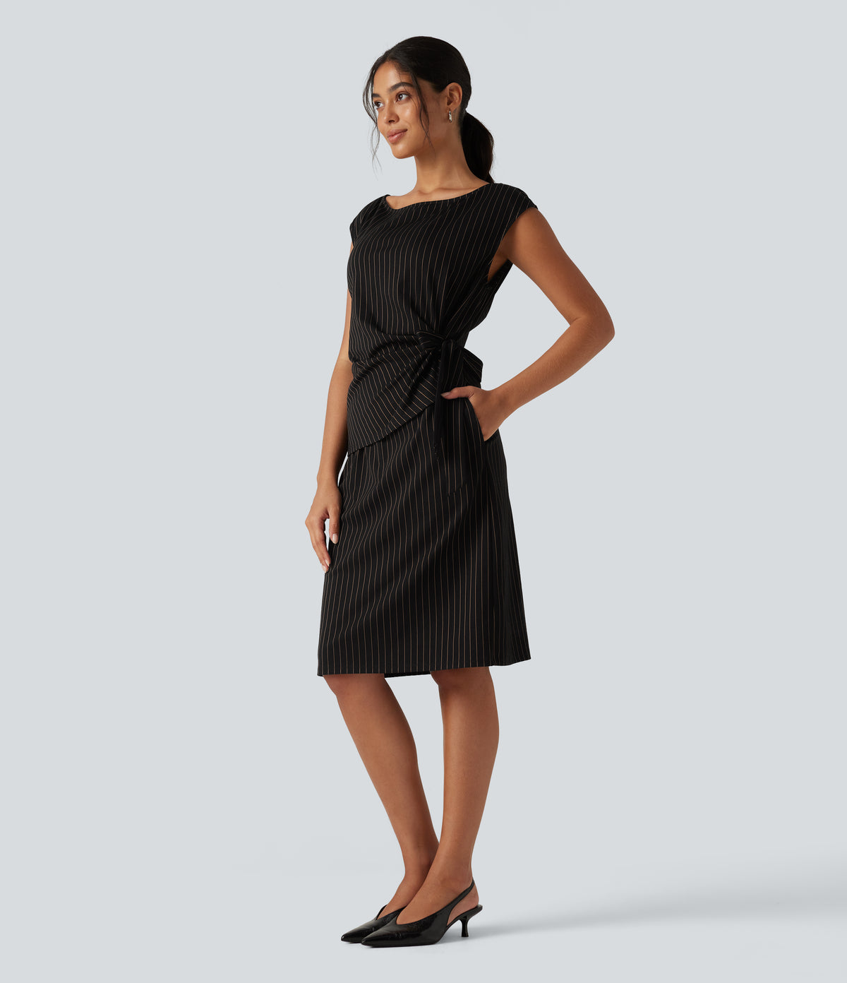 Boat Neck Sleeveless Tie Side Stripe Midi Work Dress with Pockets — Black Brown Black Pinstripe — view 3