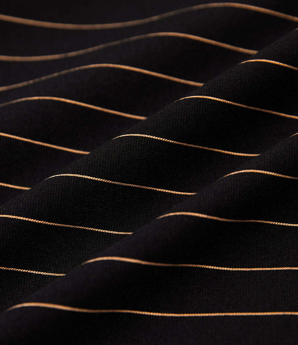 Boat Neck Sleeveless Tie Side Stripe Midi Work Dress with Pockets — Black Brown Black Pinstripe — view 7