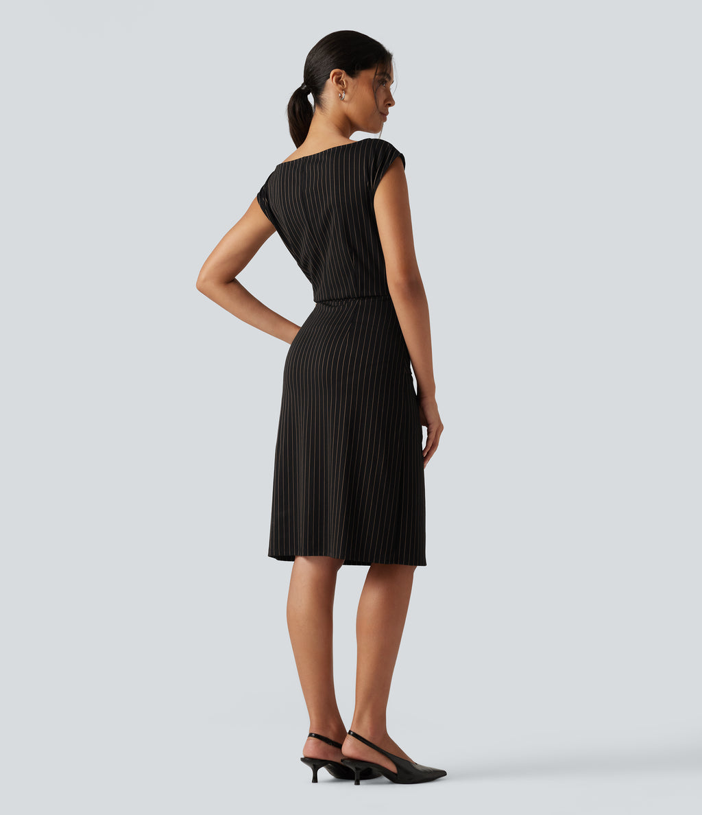 Boat Neck Sleeveless Tie Side Stripe Midi Work Dress with Pockets — Black Brown Black Pinstripe — view 2