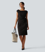 Boat Neck Sleeveless Tie Side Stripe Midi Work Dress with Pockets — Black Brown Black Pinstripe — view 6