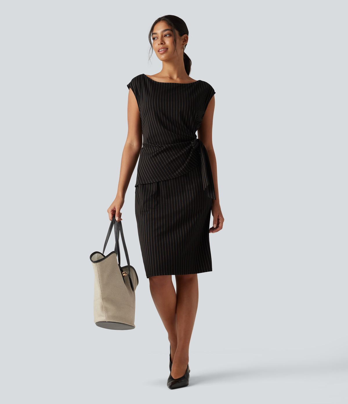 Boat Neck Sleeveless Tie Side Stripe Midi Work Dress with Pockets — Black Brown Black Pinstripe — view 6