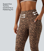 Leopard Print High Waisted Tummy Control Fleece Workout Leggings with Pockets — Tan Leopard — view 5