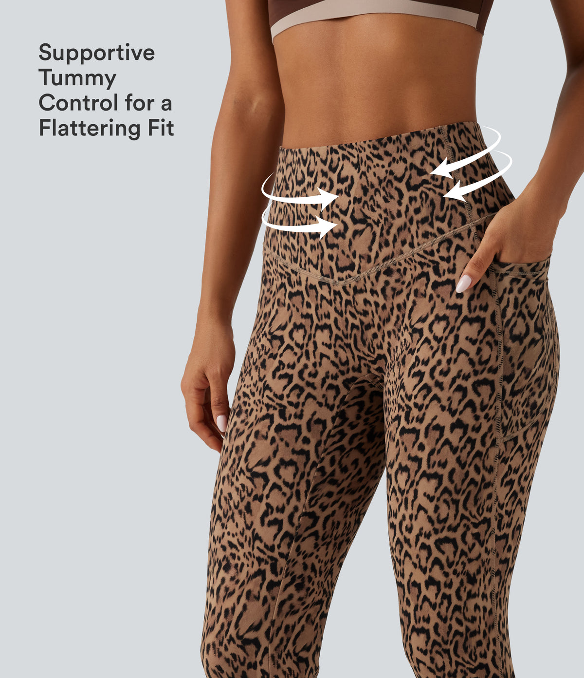 Leopard Print High Waisted Tummy Control Fleece Workout Leggings with Pockets — Tan Leopard — view 5