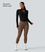 Leopard Print High Waisted Tummy Control Fleece Workout Leggings with Pockets — Tan Leopard — view 4