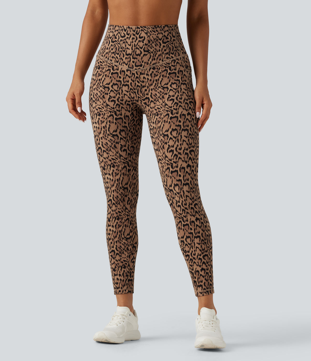 Leopard Print High Waisted Tummy Control Fleece Workout Leggings with Pockets — Tan Leopard — view 2