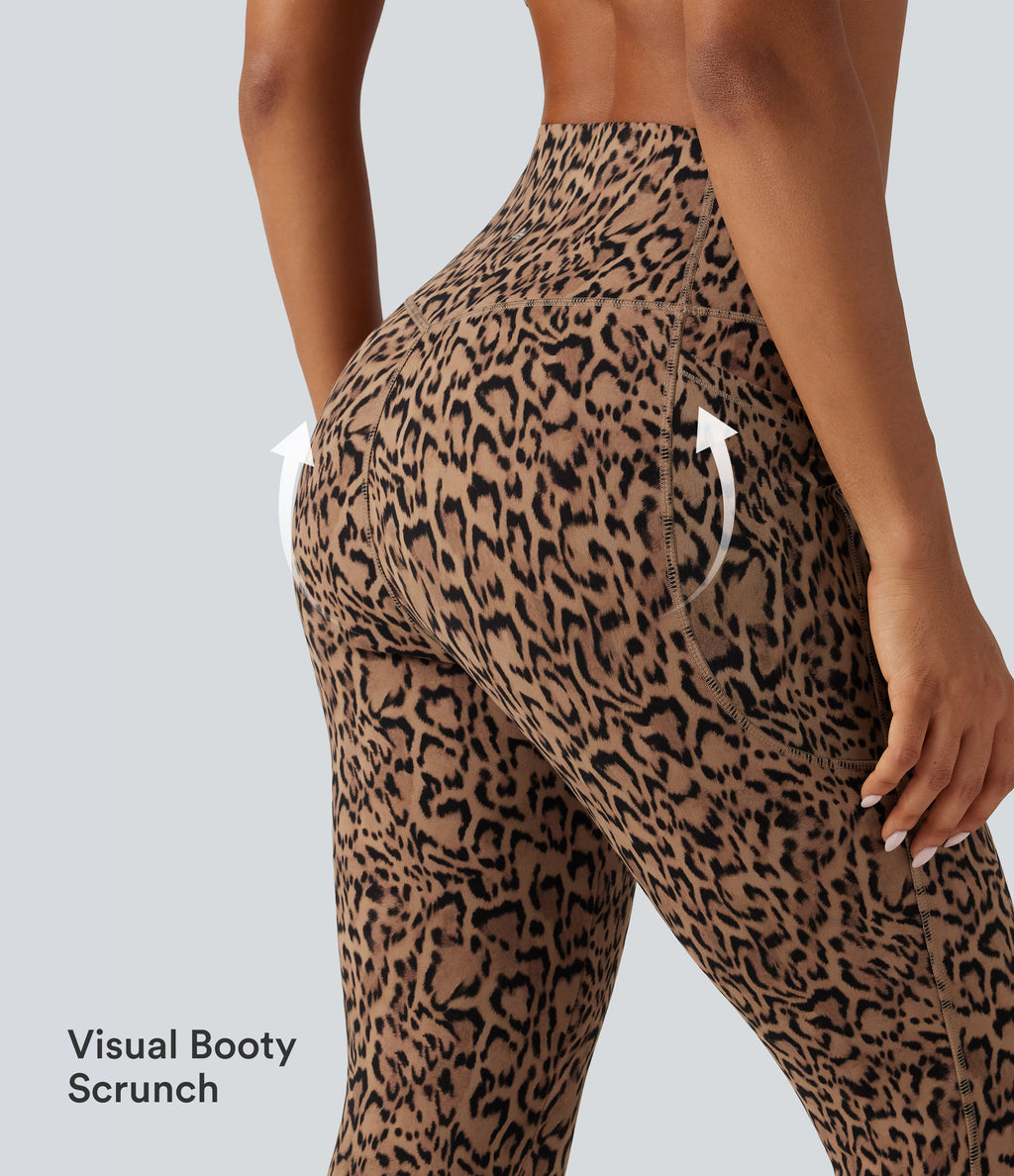 Leopard Print High Waisted Tummy Control Fleece Workout Leggings with Pockets — Tan Leopard — view 6