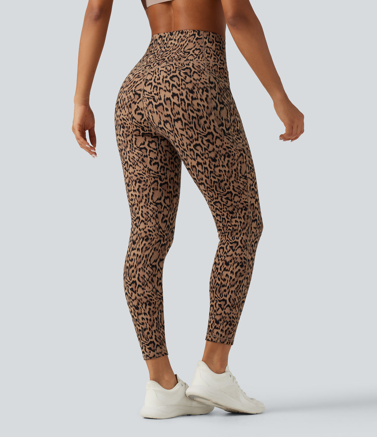 Leopard Print High Waisted Tummy Control Fleece Workout Leggings with Pockets — Tan Leopard — view 3
