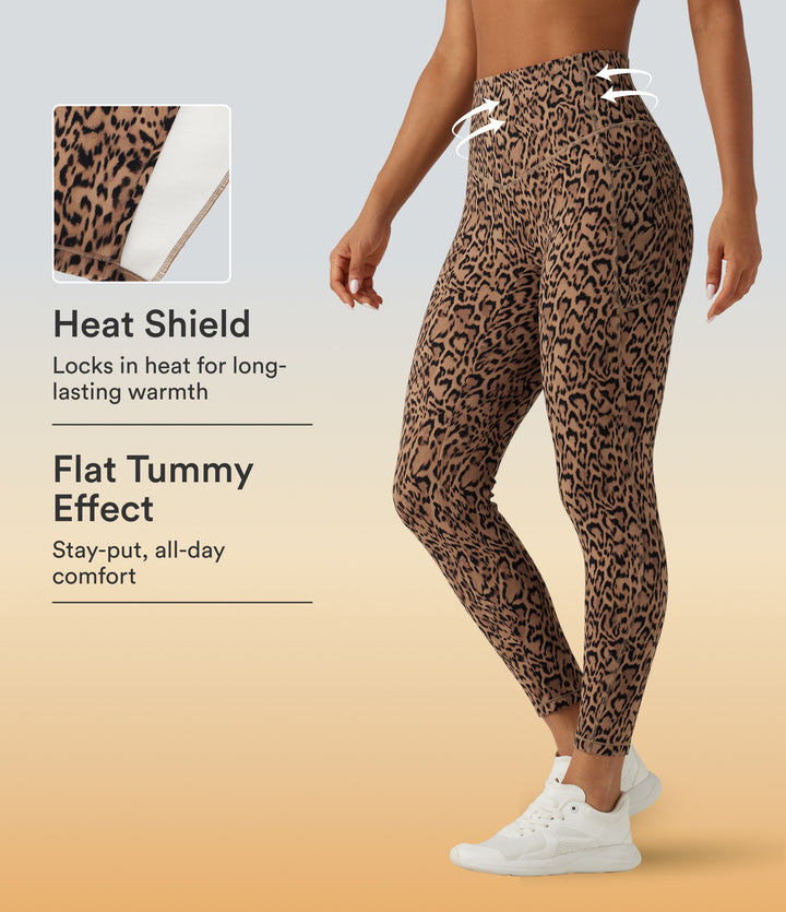 Leopard Print High Waisted Tummy Control Fleece Workout Leggings with Pockets — Tan Leopard — view 1