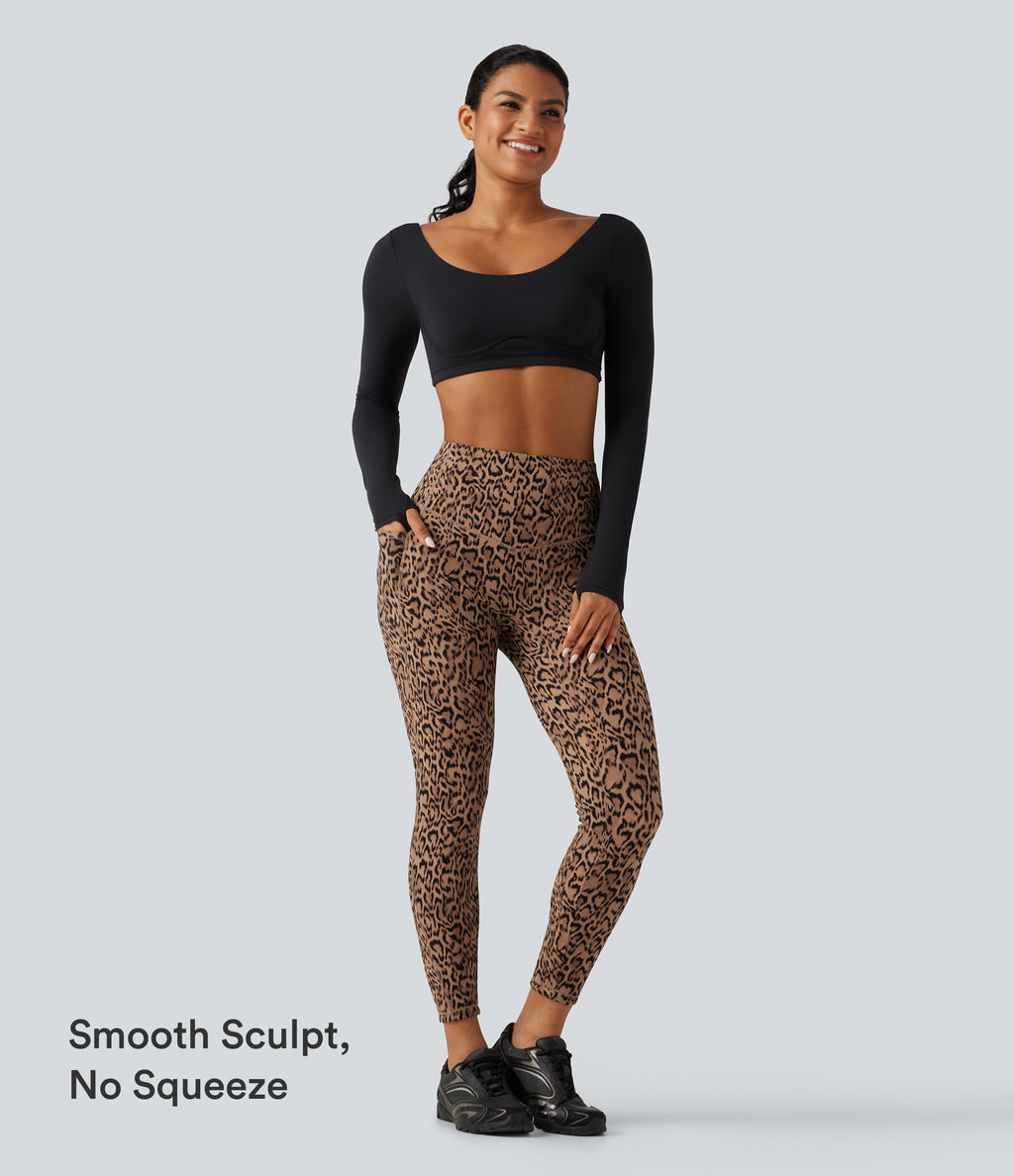 Leopard Print High Waisted Tummy Control Fleece Workout Leggings with Pockets — Tan Leopard — view 7