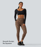 Leopard Print High Waisted Tummy Control Fleece Workout Leggings with Pockets — Tan Leopard — view 7