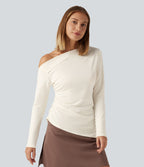 One Shoulder Long Sleeve Ruched Asymmetric Hem Casual Top — Whisper White — view 4