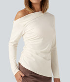 One Shoulder Long Sleeve Ruched Asymmetric Hem Casual Top — Whisper White — view 6
