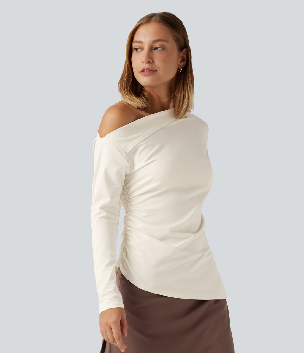 One Shoulder Long Sleeve Ruched Asymmetric Hem Casual Top — Whisper White — view 3