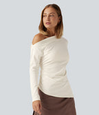 One Shoulder Long Sleeve Ruched Asymmetric Hem Casual Top — Whisper White — view 3