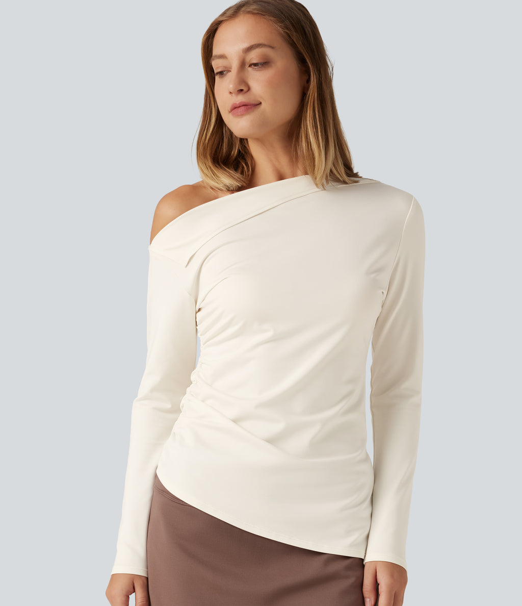 One Shoulder Long Sleeve Ruched Asymmetric Hem Casual Top — Whisper White — view 1