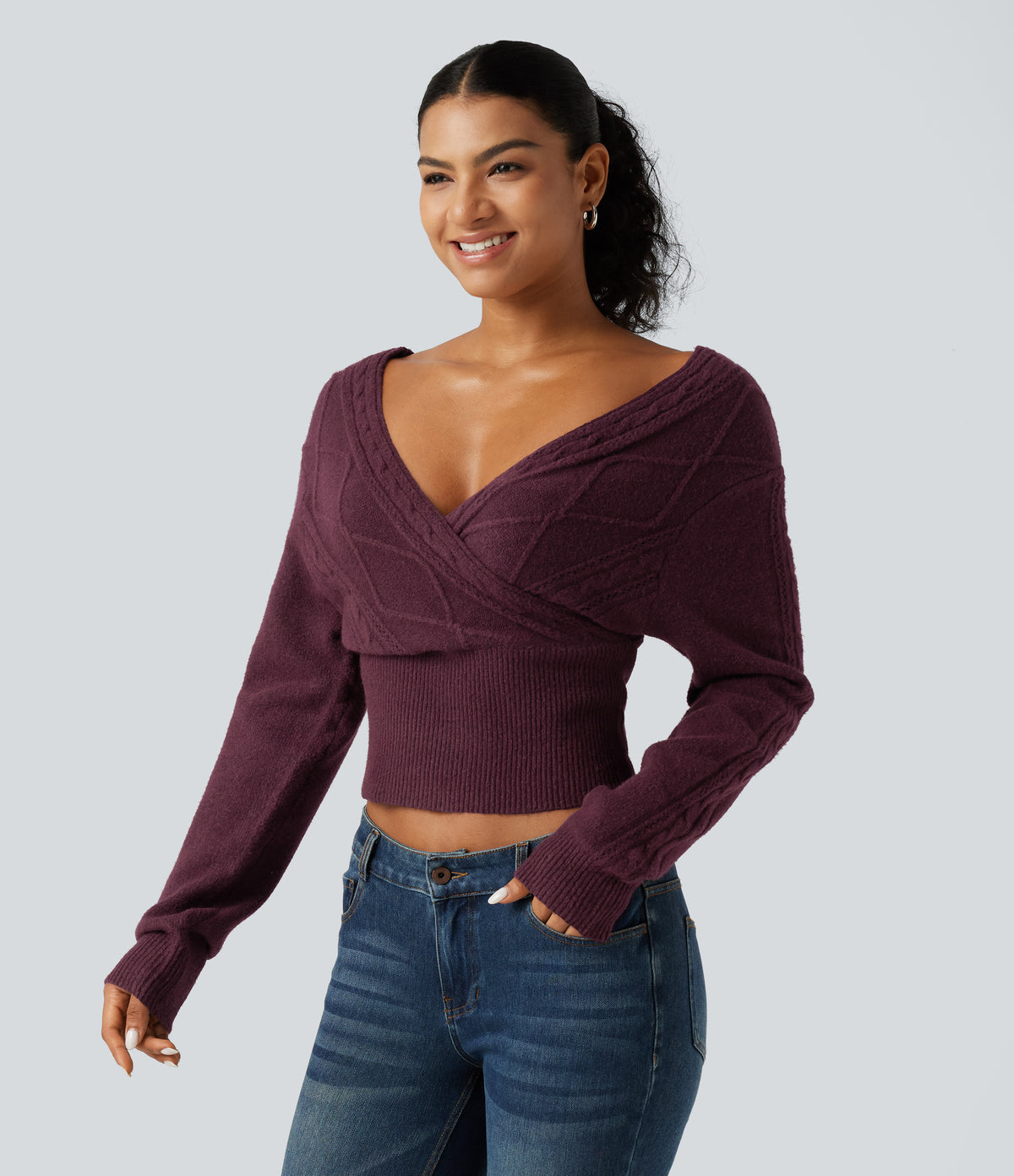 V Neck Long Sleeve V Back Casual Jumper — Maroon Banner — view 3