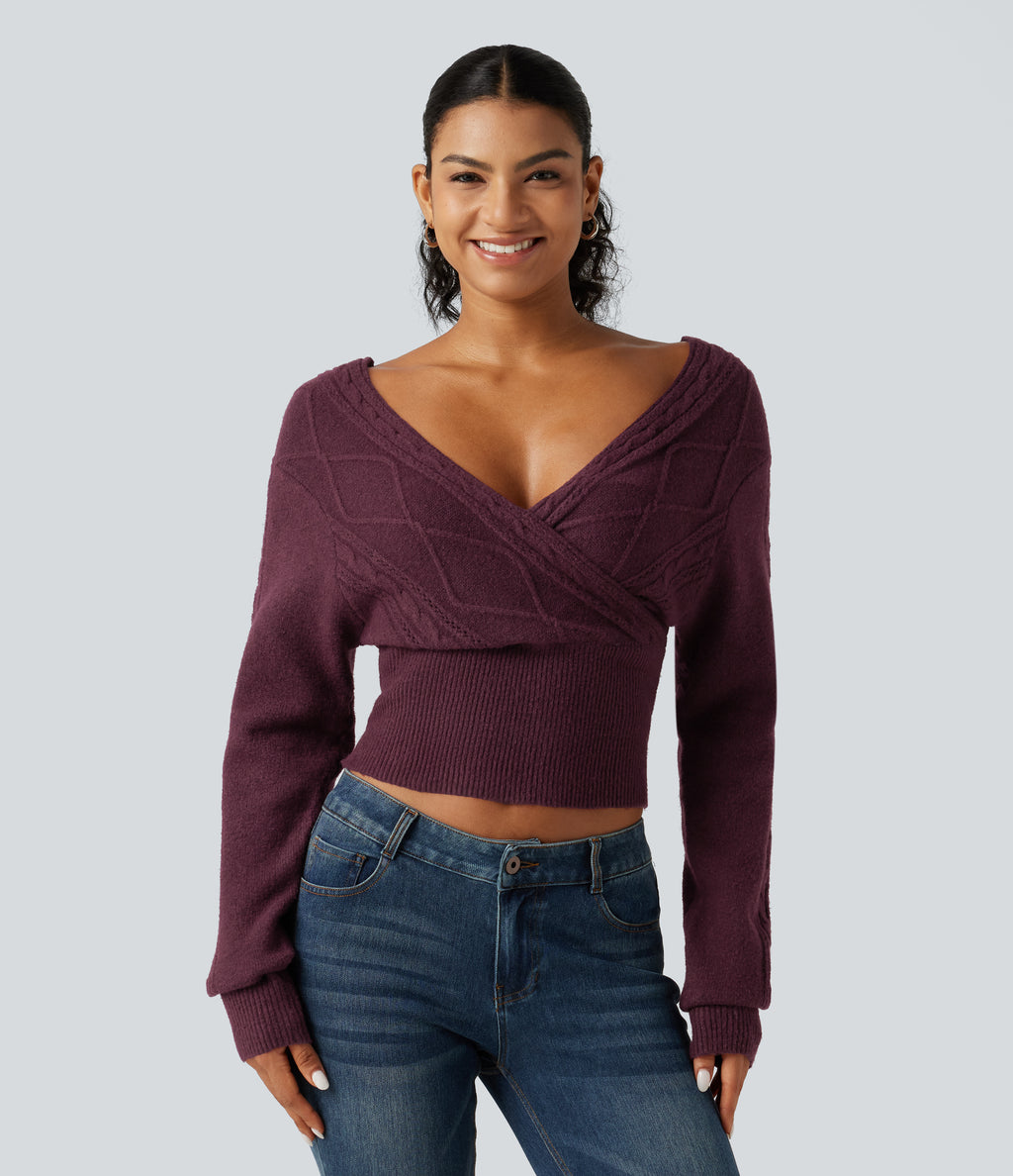 V Neck Long Sleeve V Back Casual Jumper — Maroon Banner — view 4