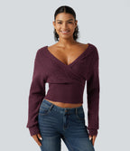 V Neck Long Sleeve V Back Casual Jumper — Maroon Banner — view 4