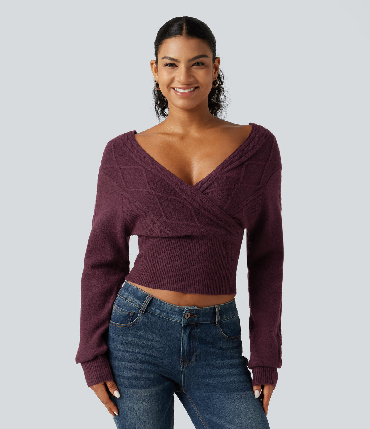 V Neck Long Sleeve V Back Casual Jumper — Maroon Banner — view 4
