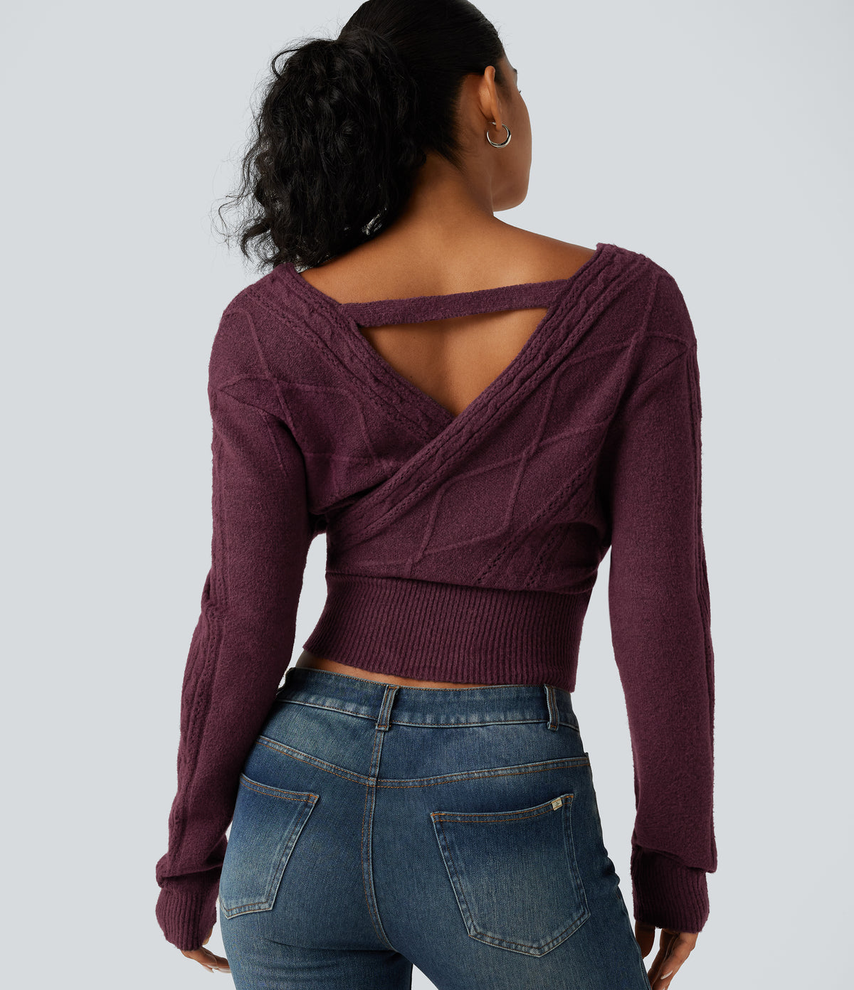 V Neck Long Sleeve V Back Casual Jumper — Maroon Banner — view 5