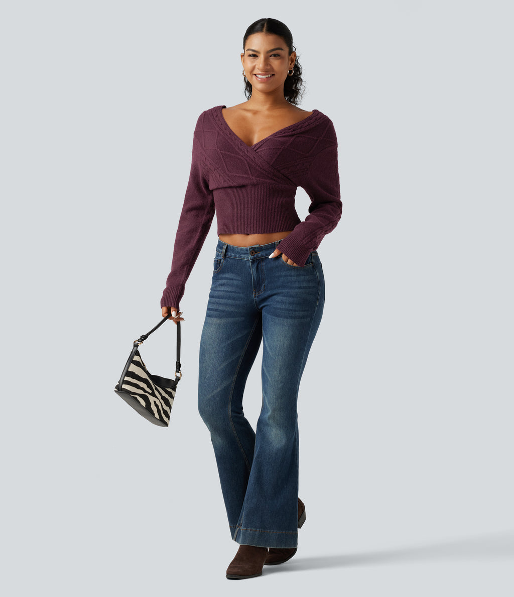 V Neck Long Sleeve V Back Casual Jumper — Maroon Banner — view 7