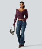 V Neck Long Sleeve V Back Casual Jumper — Maroon Banner — view 7