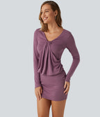 Deep V Neck Long Sleeve Ruched Bodycon Mini Party Dress — Red Violet Floral Yarn — view 4